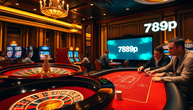 Players enjoy a thrilling game of poker at 789p casino, surrounded by vibrant roulette and slot machines.