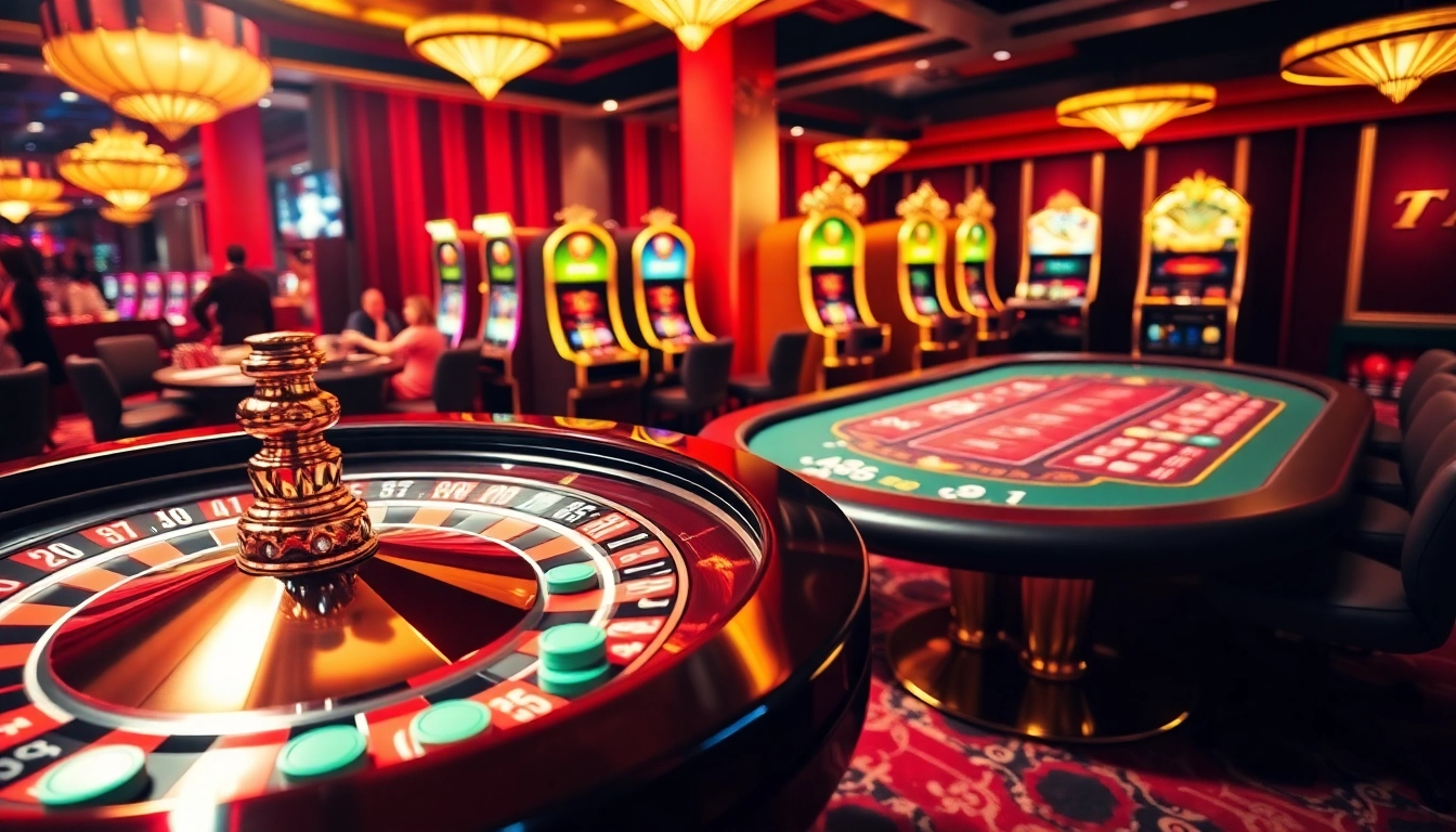 Experience thrilling gameplay at https://ta88c.com with vibrant casino elements like roulette wheels and poker tables.