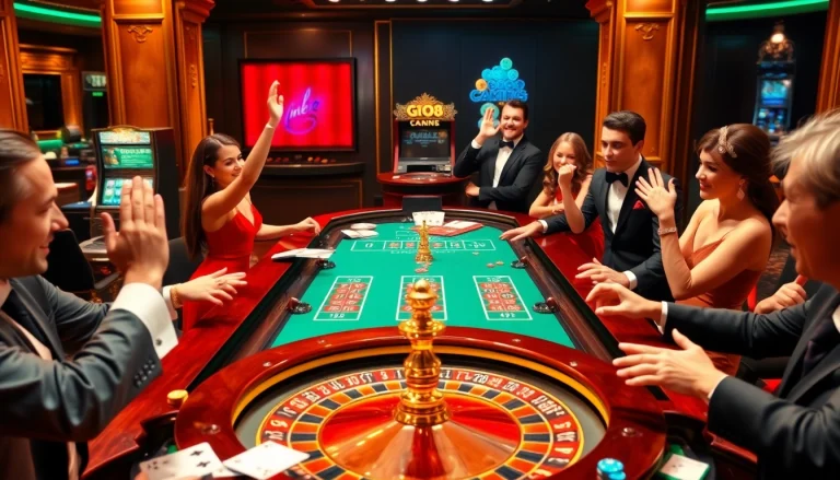 Experience the excitement of go 8 gaming at a vibrant casino table filled with players and chips.