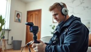 Leak detection technician using thermal imaging and acoustic devices in a residential setting.