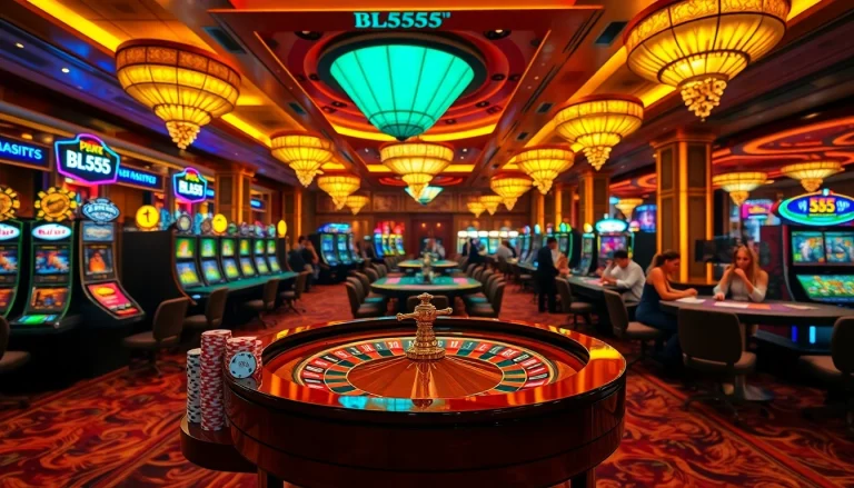 Experience the excitement of BL555 at a luxurious casino with vibrant gaming tables and poker chips.