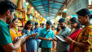 Lanka Ads marketplace scene with diverse people browsing local ads in Sri Lanka, showcasing community and commerce.