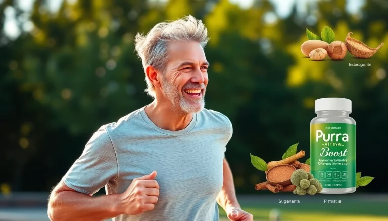 Pura Boost energizing a man during jogging with natural ingredients in view, symbolizing vitality.