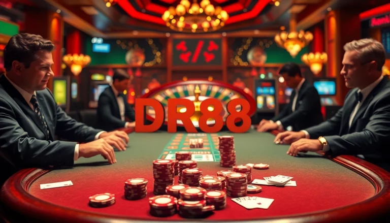 Experience the thrill of DR88 casino gaming with poker chips, cards, and roulette.