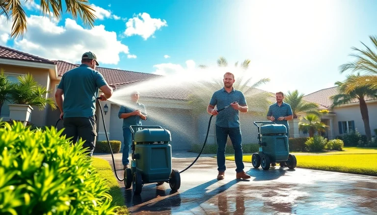 Professional pressure wash crew cleaning a driveway in Kissimmee FL, showcasing effective exterior cleaning services.