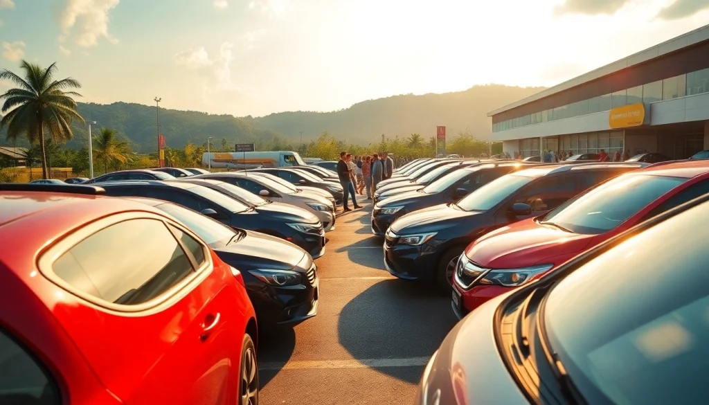 Car rental at Kuching with diverse vehicles at the airport, highlighting travel excitement.