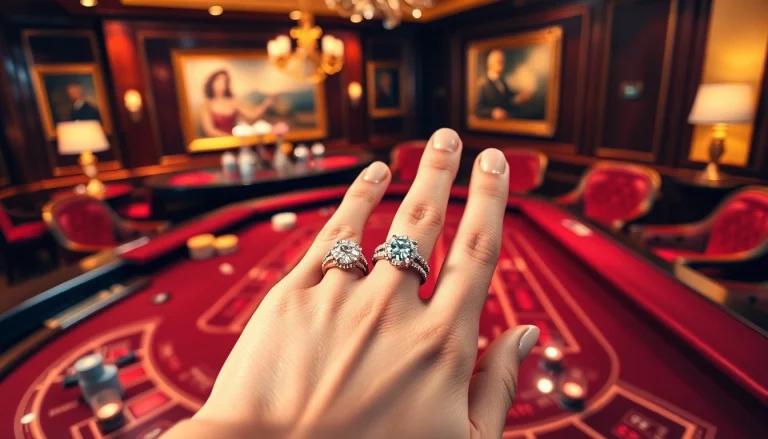 Showcasing exquisite diamond rings on casino table, capturing strategic gambling elegance.