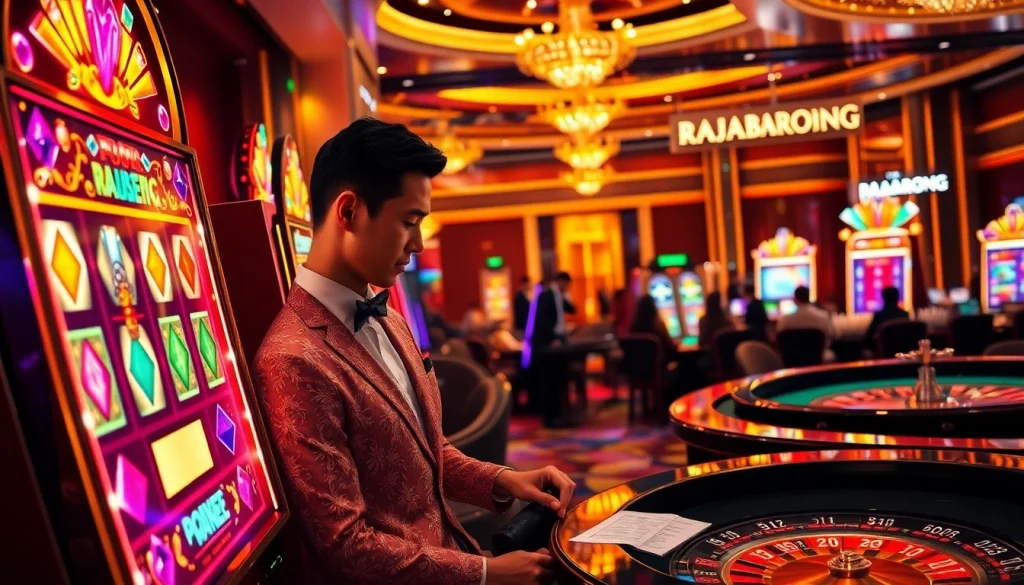 Experience the thrill of winning at RAJABARONG's luxurious slot machines in a vibrant casino setting.