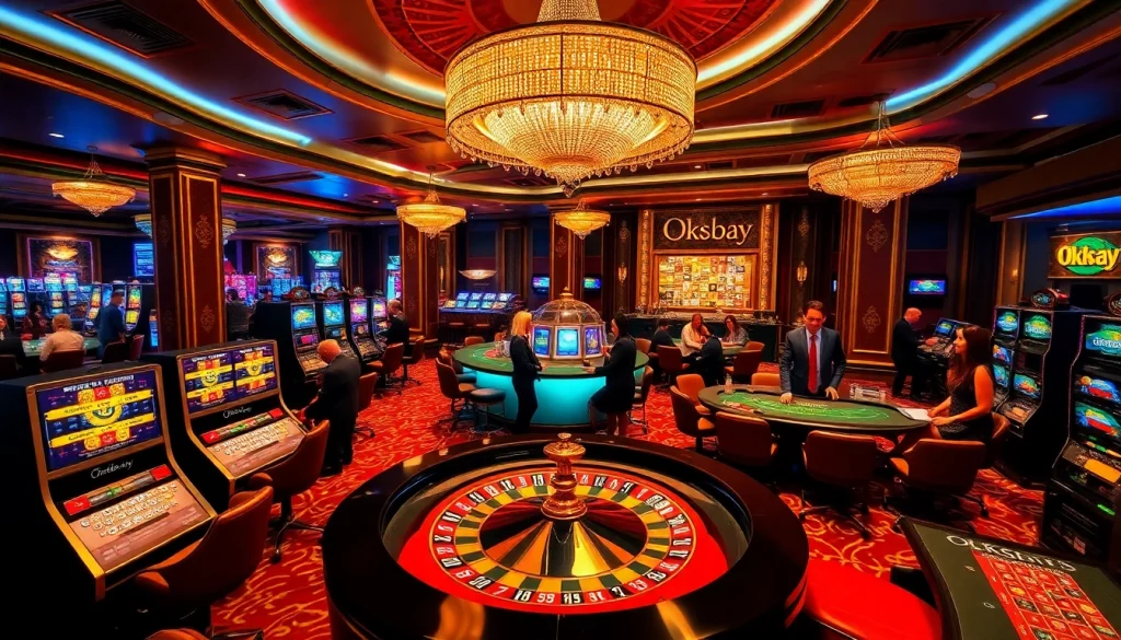 Gambling excitement at a luxurious casino scene featuring roulette tables and the keyword okbay.