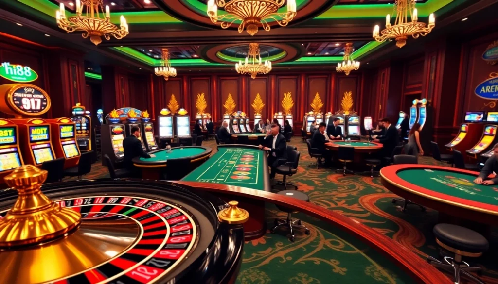 Experience the excitement of Hi88 with engaging casino gameplay, featuring roulette wheels and poker tables.