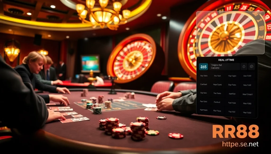 Exciting casino scene with poker table, chips, and online gaming at https://rr88.se.net/.