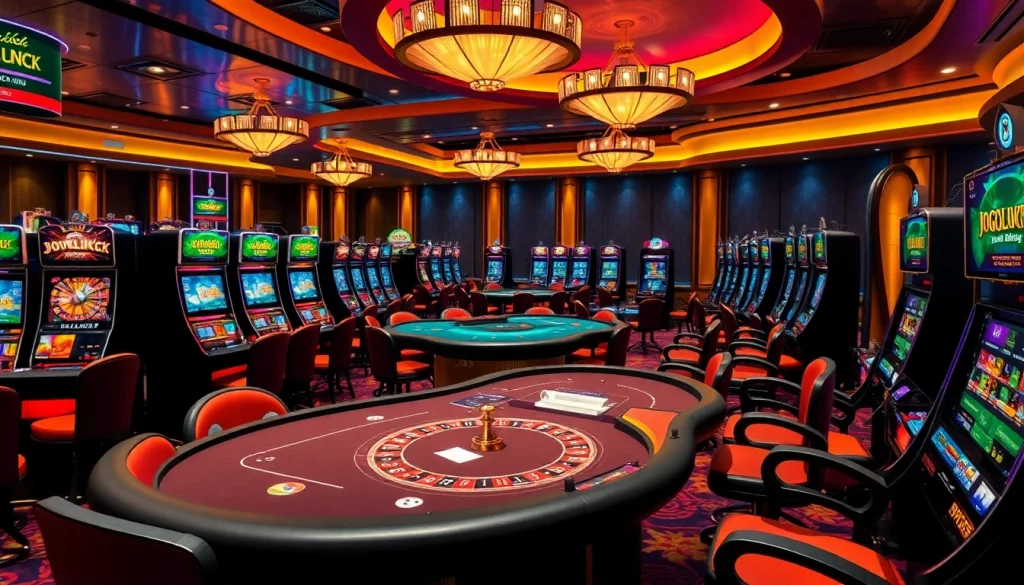 Exciting JOGOLUCK casino gaming scene with poker tables, slot machines, and roulette wheels.