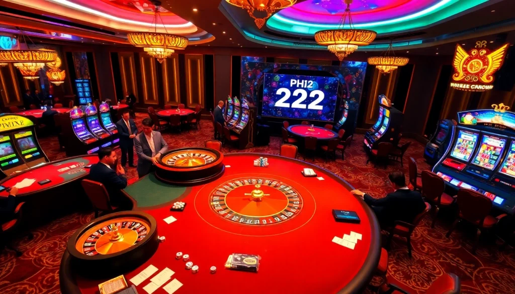 A thrilling scene at PH222 casino featuring poker play and vibrant slot machines, capturing excitement and luxury.