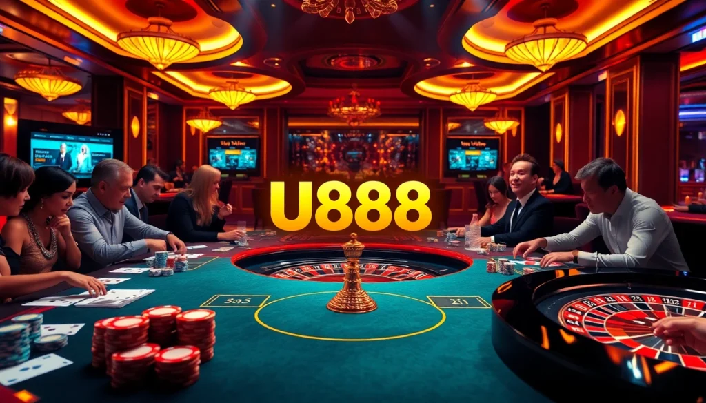 Players enjoy exciting games at U888 casino under warm, luxurious lighting.