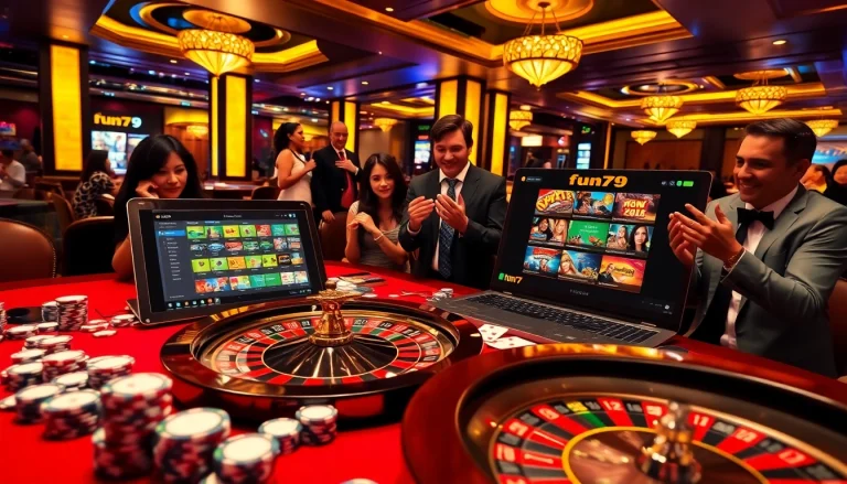 Players enjoy gambling at a vibrant fun79 casino table with poker chips and roulette.