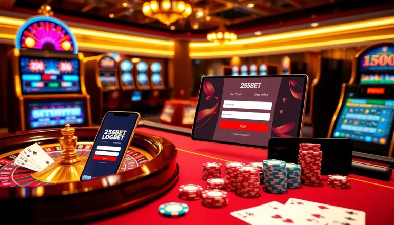 Experience the thrilling 255BET Login with vibrant casino elements, like roulette and poker chips.