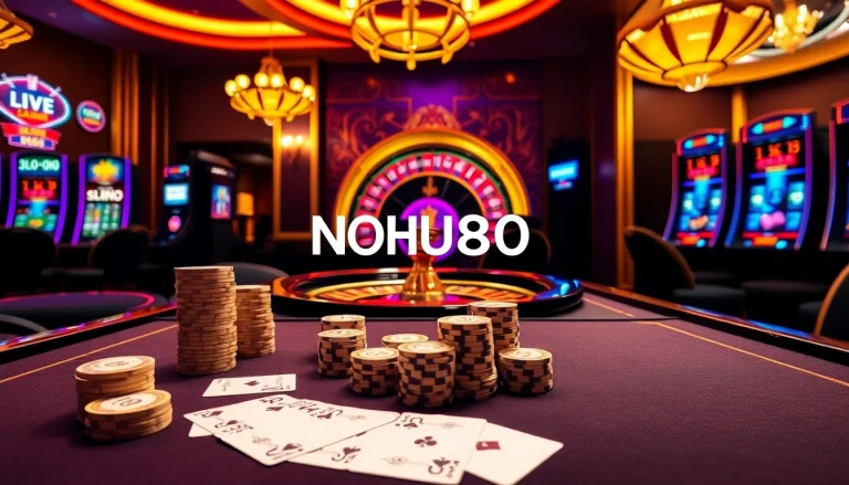 Engage in thrilling gameplay at NOHU90 with a luxurious casino table and vibrant slot machines.
