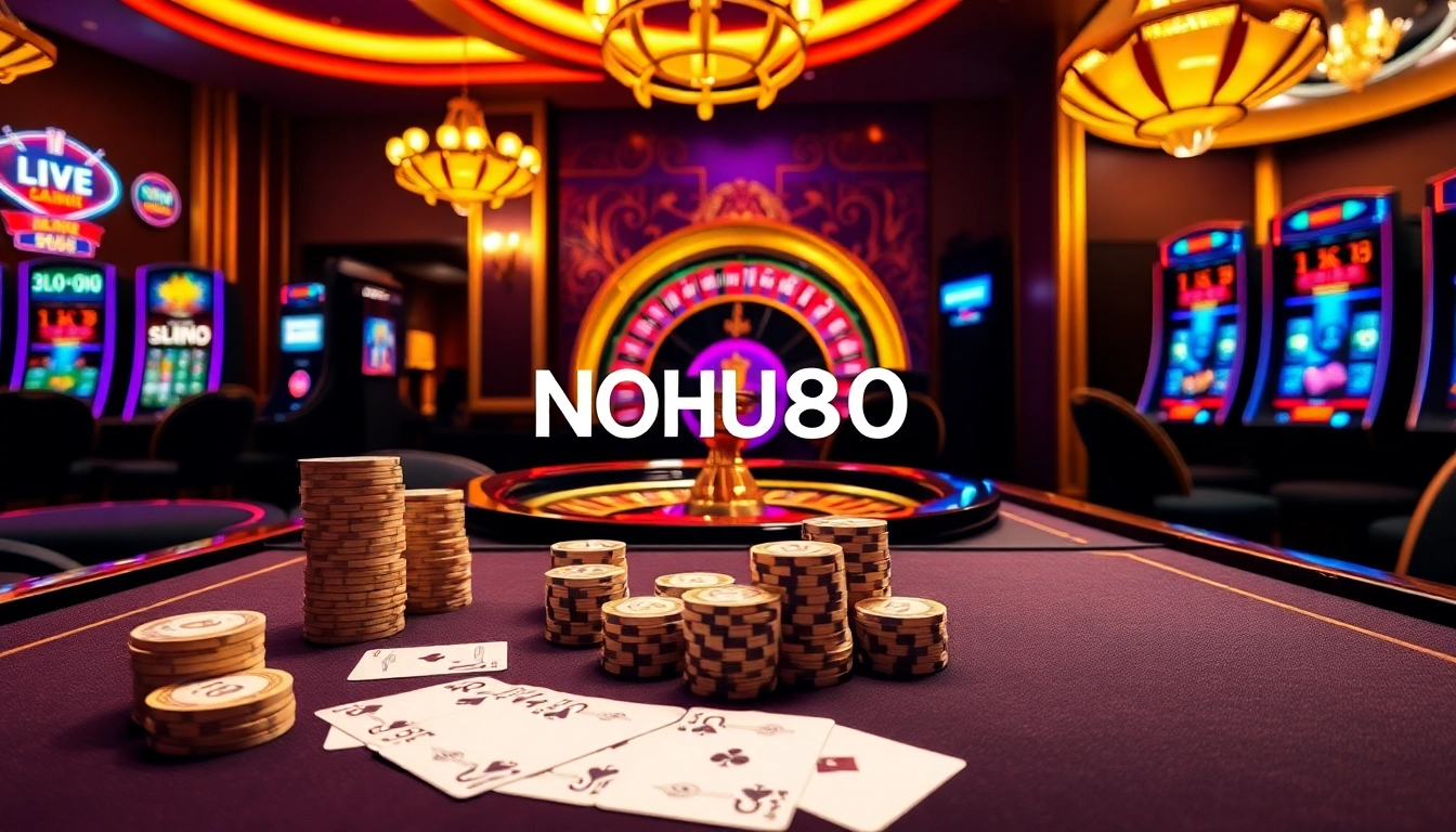 Engage in thrilling gameplay at NOHU90 with a luxurious casino table and vibrant slot machines.