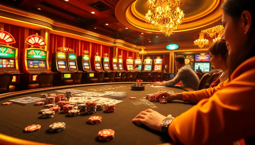 A vibrant casino scene showcasing intense poker action and colorful elements reflecting https://777vipst.com/ excitement.