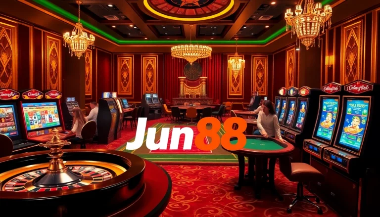 Exciting scene at Jun88 casino with players engaged at roulette and poker tables.