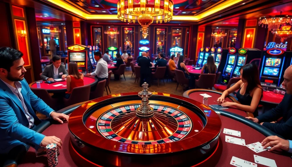 Experience the thrill of a luxurious casino setting at 888b, featuring roulette, poker tables, and slot machines.