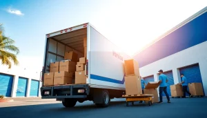 Moving and Storage San Diego with professionals handling packed boxes and a moving truck.