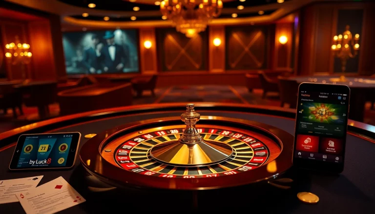 Experience the thrill of luck8 at an elegant casino table with roulette and poker chips.