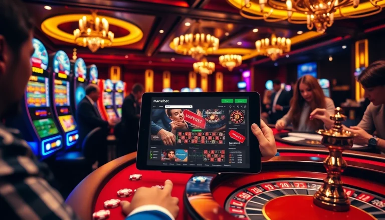 Marvelbet interface showcased amidst glamorous casino atmosphere with poker chips and roulette wheel.