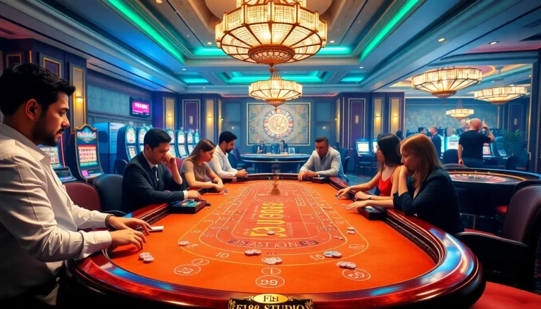 Exciting baccarat gameplay at F168.STUDIO featuring diverse gamblers and elegant casino decor.