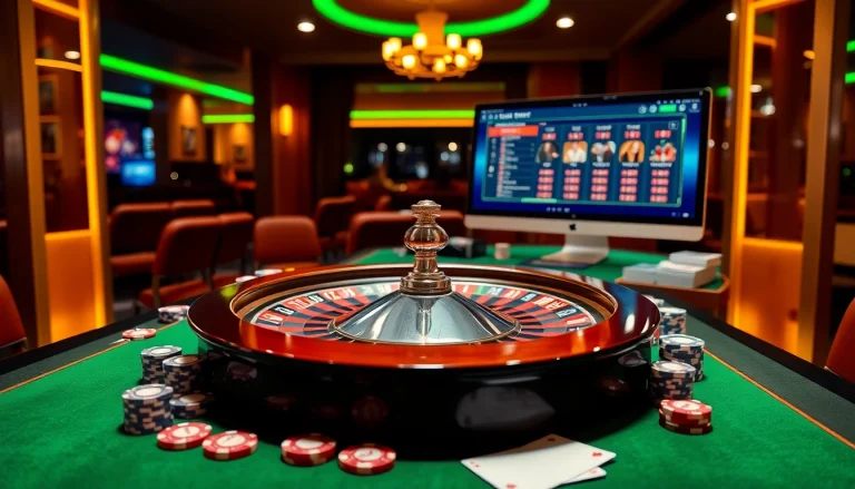 Experience the thrill of the Link F8bet casino with vibrant roulette and poker elements.