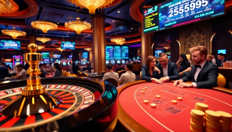 KJC players enjoy an exciting game of Blackjack in a luxurious casino setting.