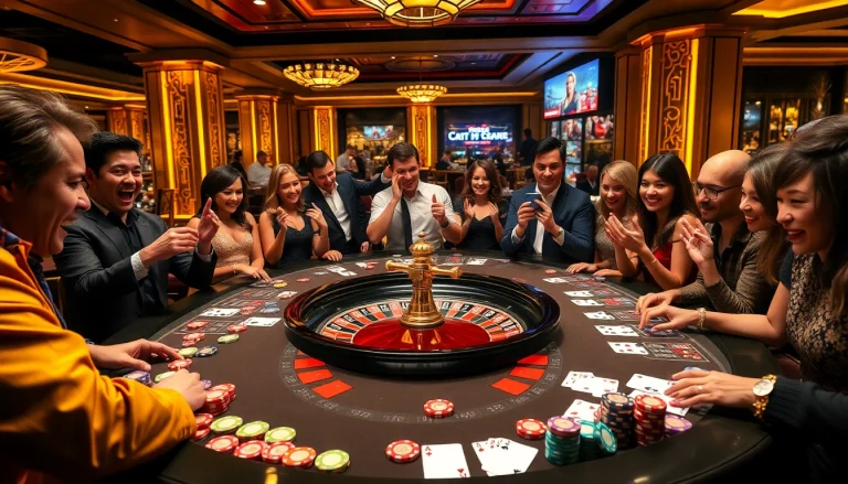 A thrilling gaming experience at king79 casino with happy players at a vibrant roulette table.