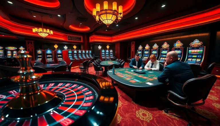 Experience the excitement of Casino LOTO188 with poker tables and vibrant slot machines.