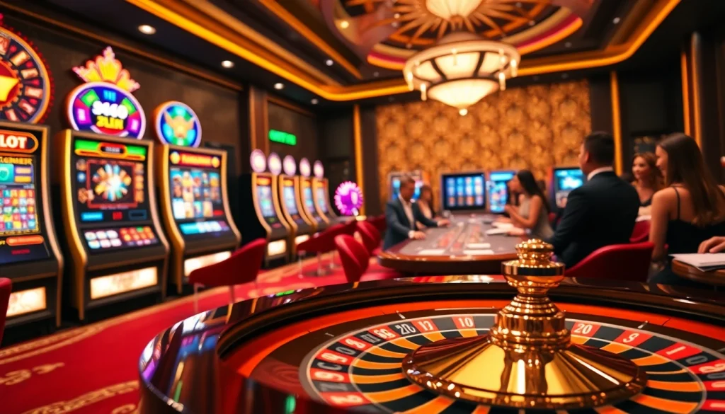 Experience thrilling gaming moments at SHBET link mới with vibrant slot machines and an elegant roulette wheel.