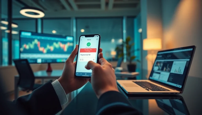 현대적인 사무실 환경에서 스마트폰으로 소액결제를 하는 사용자, 디지털 금융 편의성 시연.