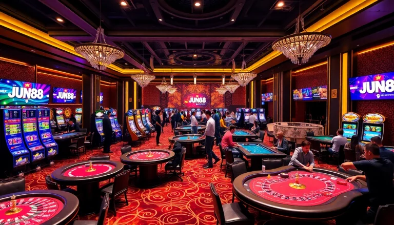 Experience electrifying gameplay with JUN88 at a luxurious casino setting filled with vibrant slot machines and dealer tables.