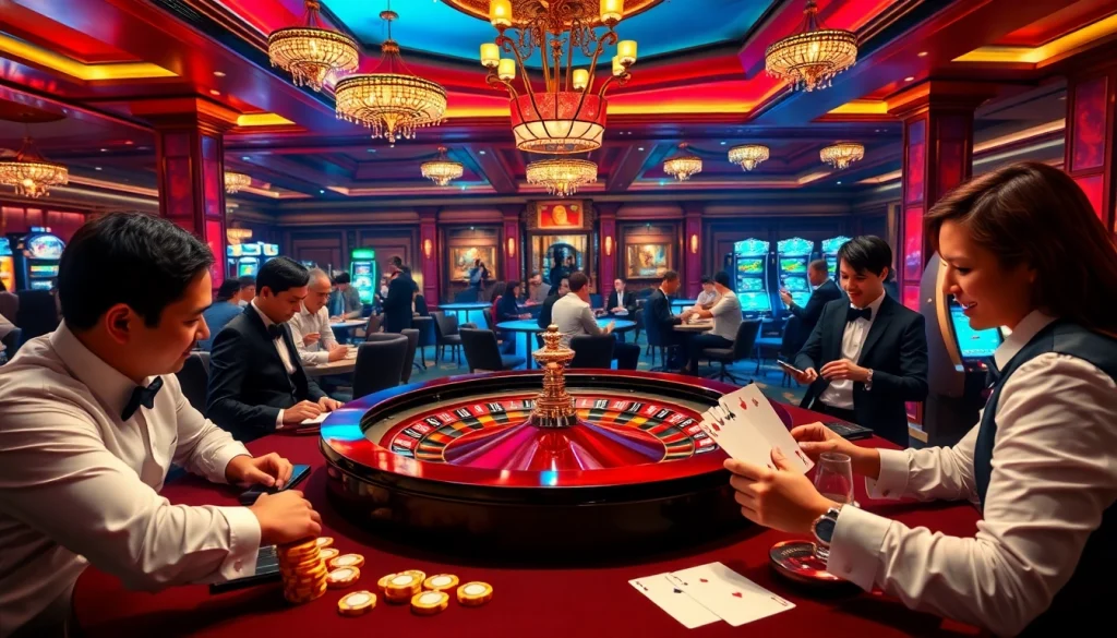 Players enjoying an exciting gaming experience at F8bet trang chủ, featuring roulette and poker tables.
