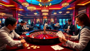 Players enjoying an exciting gaming experience at F8bet trang chủ, featuring roulette and poker tables.