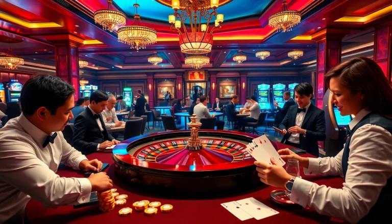 Players enjoying an exciting gaming experience at F8bet trang chủ, featuring roulette and poker tables.