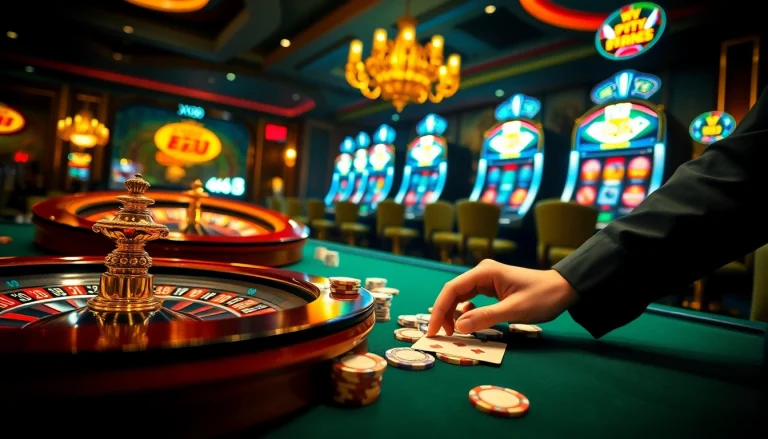 Engaging gambling scene at https://xx88.pizza/ with poker chips, cards, and a roulette wheel.
