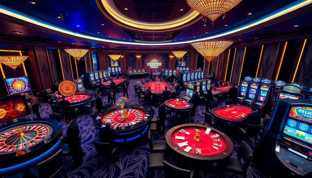 A dynamic gaming scene at nhà cái C168, featuring roulette wheels, poker tables, and slot machines.