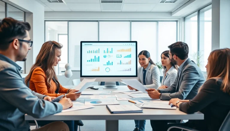 Accounting and Bookkeeping Services team discussing financial reports in a professional office.