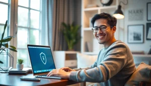 快连vpn下载 interface showcased on a device in a professional home office environment.