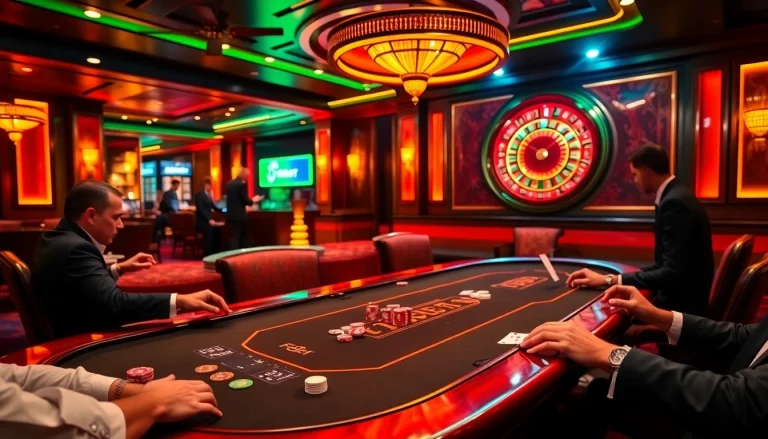 F8Bet poker table with engaged players and roulette wheel creating an elegant casino atmosphere.