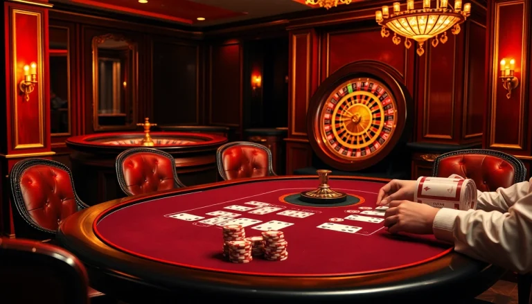 Intense gameplay at an mm88 bet poker table in a luxurious casino setting, highlighting excitement and strategy.