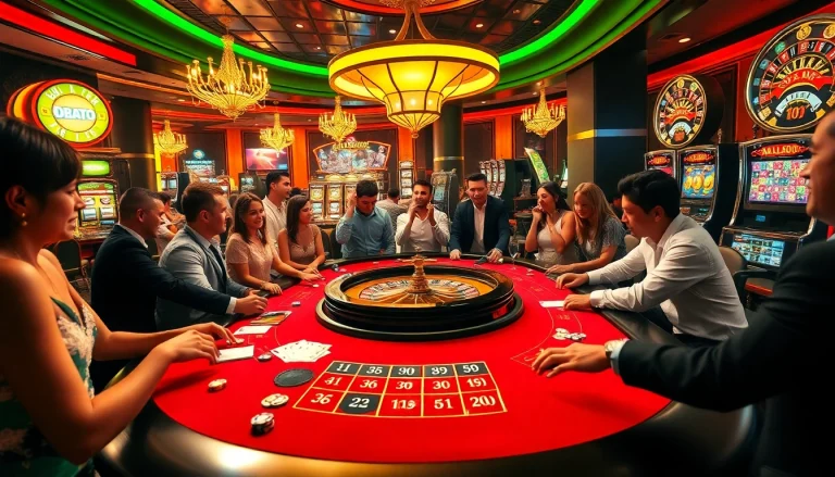 Engaging players enjoying obral toto games at a luxurious casino table with vibrant energy.
