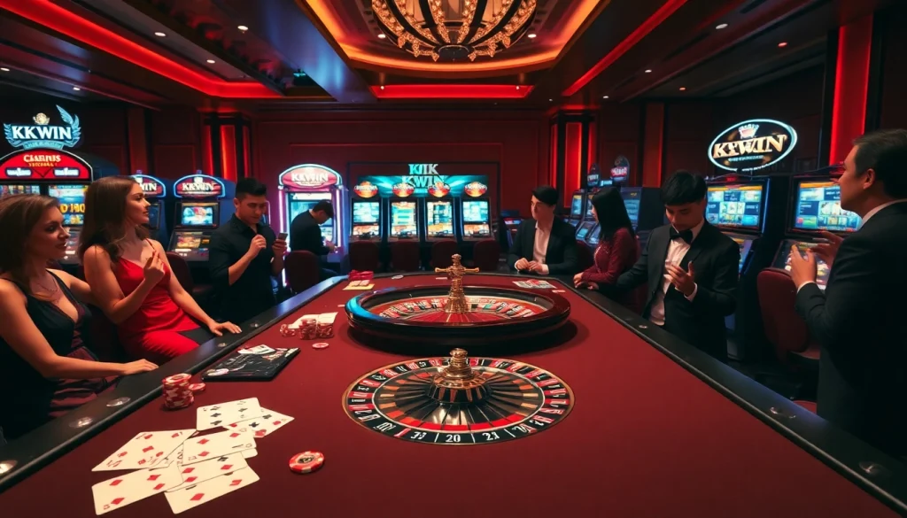 Action-packed gaming scene at KK WIN casino with roulette, cards, and vibrant lights.