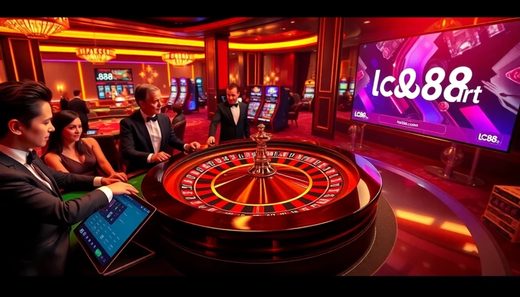 Experience high-stakes gaming at https://lc88.art/ with a thrilling casino scene featuring roulette and poker action.