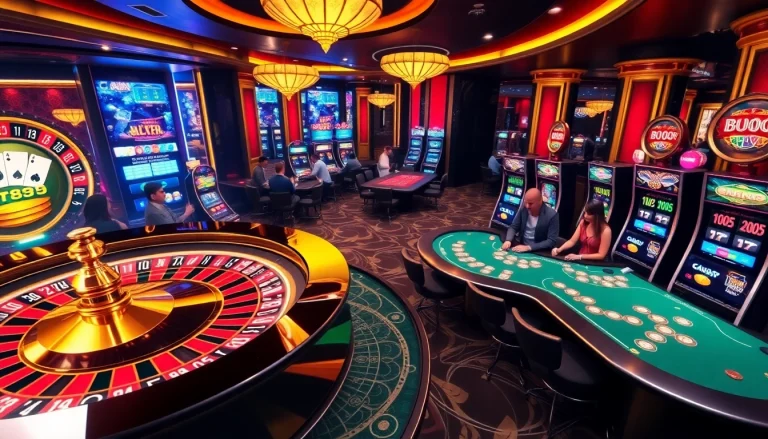 MM88 casino scene featuring players enjoying poker and roulette, highlighting a vibrant gambling atmosphere.