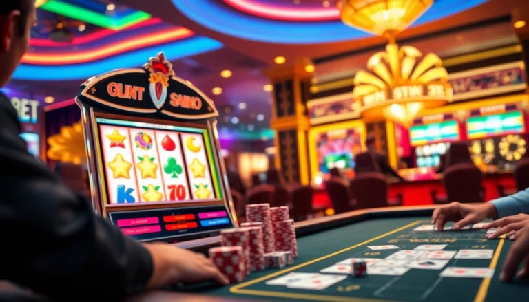 Pemain Dewanaga89 menikmati momen kemenangan di mesin slot yang hidup dalam suasana kasino mewah.